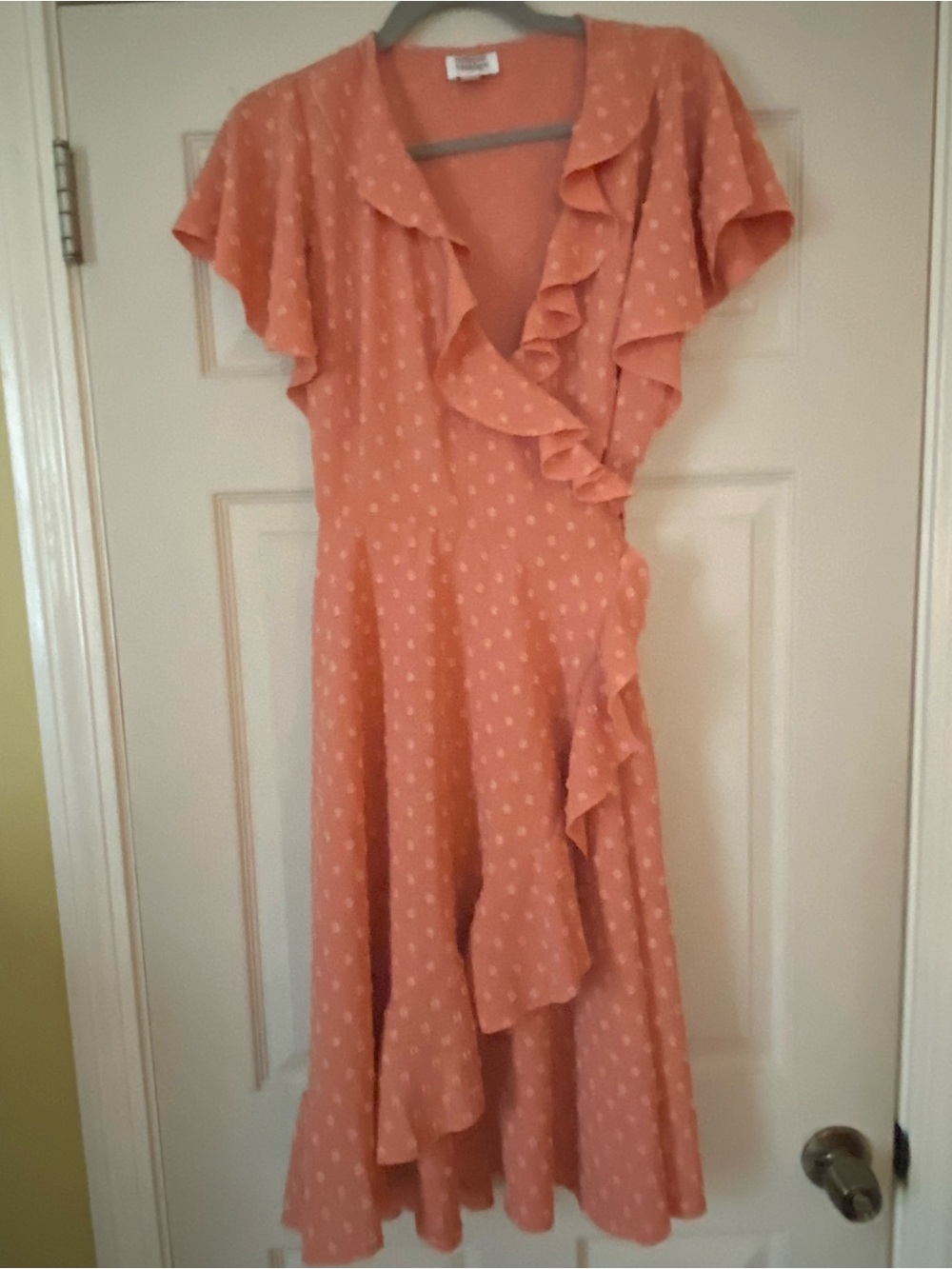 Unique Vintage Peach Polka Dot Ruffle Wrap Midi Dress